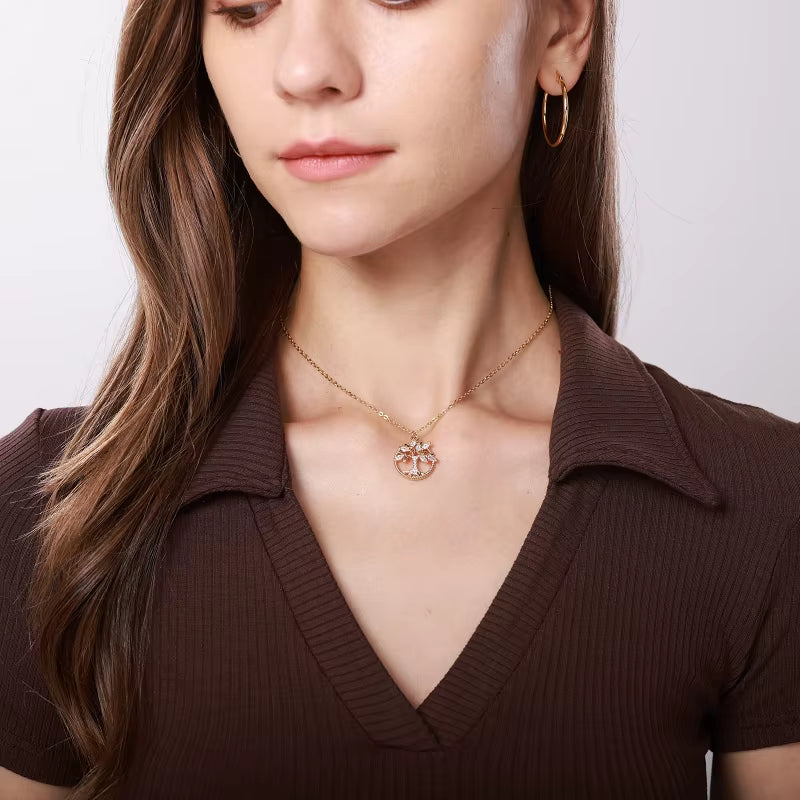 Stainless Steel Necklace for Women Tree of Life round Pendant Necklace Crystal Rhinestone Collar Jewelry Gift Bijoux Femme