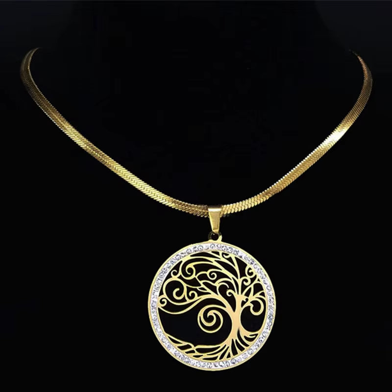 Tree of Life Crystal Stainless Steel Choker Necklace for Women Gold Color Chain Necklaces Pendants Jewelry Arbre De Vie N16S02