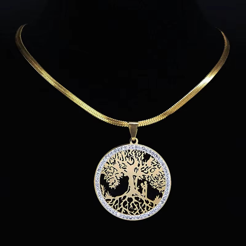 Tree of Life Crystal Stainless Steel Choker Necklace for Women Gold Color Chain Necklaces Pendants Jewelry Arbre De Vie N16S02