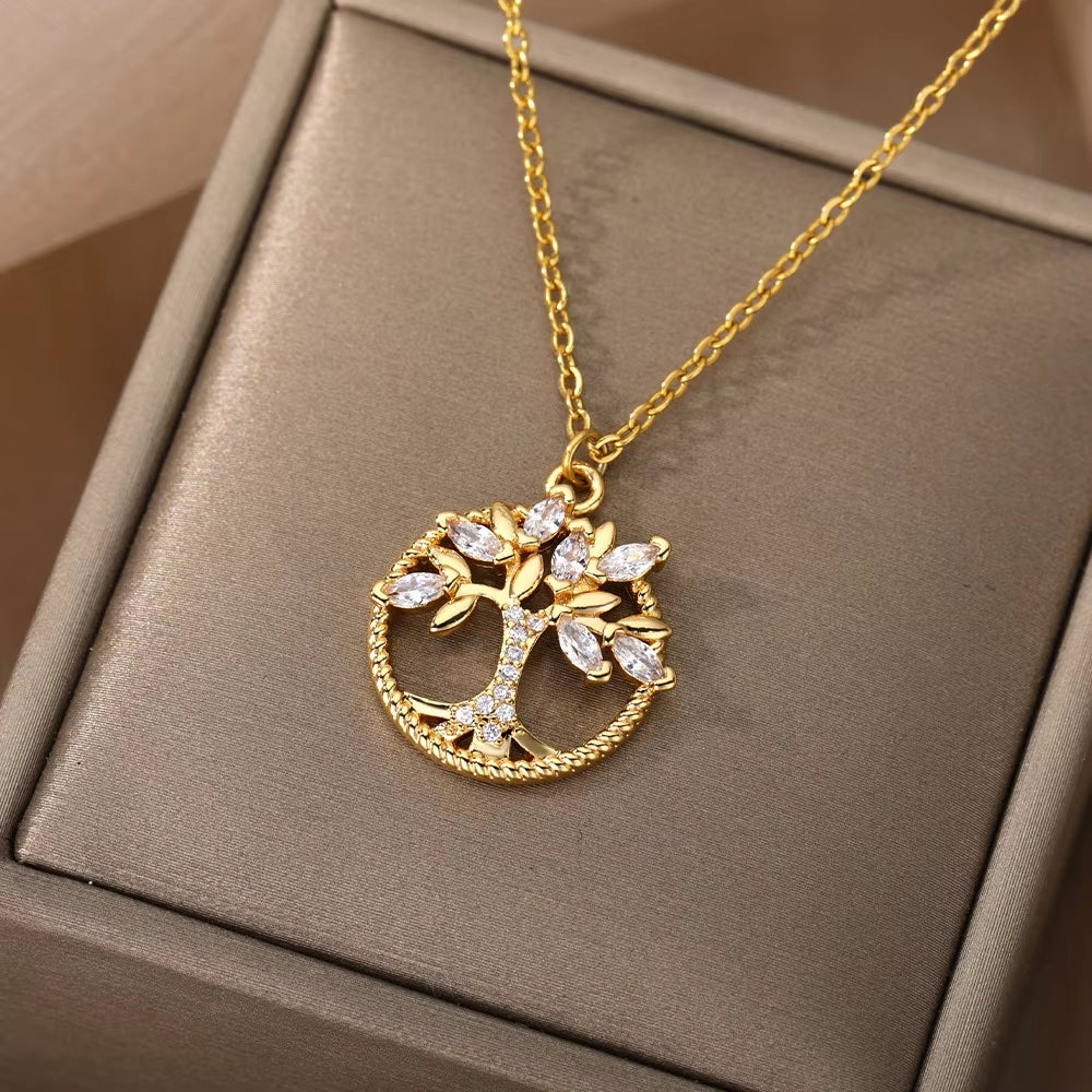 Stainless Steel Necklace for Women Tree of Life round Pendant Necklace Crystal Rhinestone Collar Jewelry Gift Bijoux Femme
