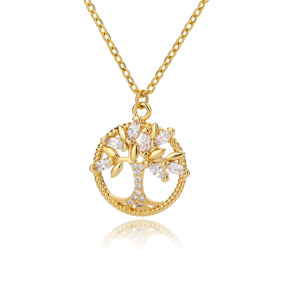 Stainless Steel Necklace for Women Tree of Life round Pendant Necklace Crystal Rhinestone Collar Jewelry Gift Bijoux Femme