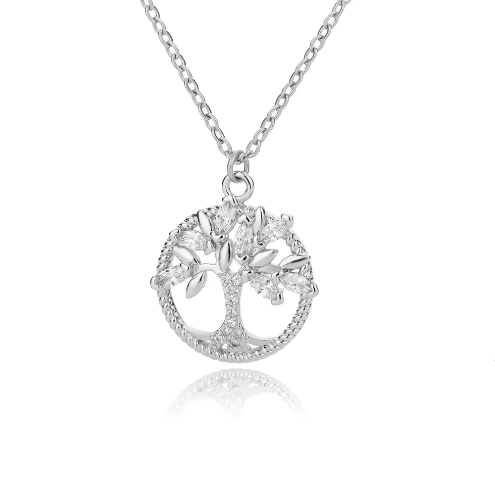 Stainless Steel Necklace for Women Tree of Life round Pendant Necklace Crystal Rhinestone Collar Jewelry Gift Bijoux Femme