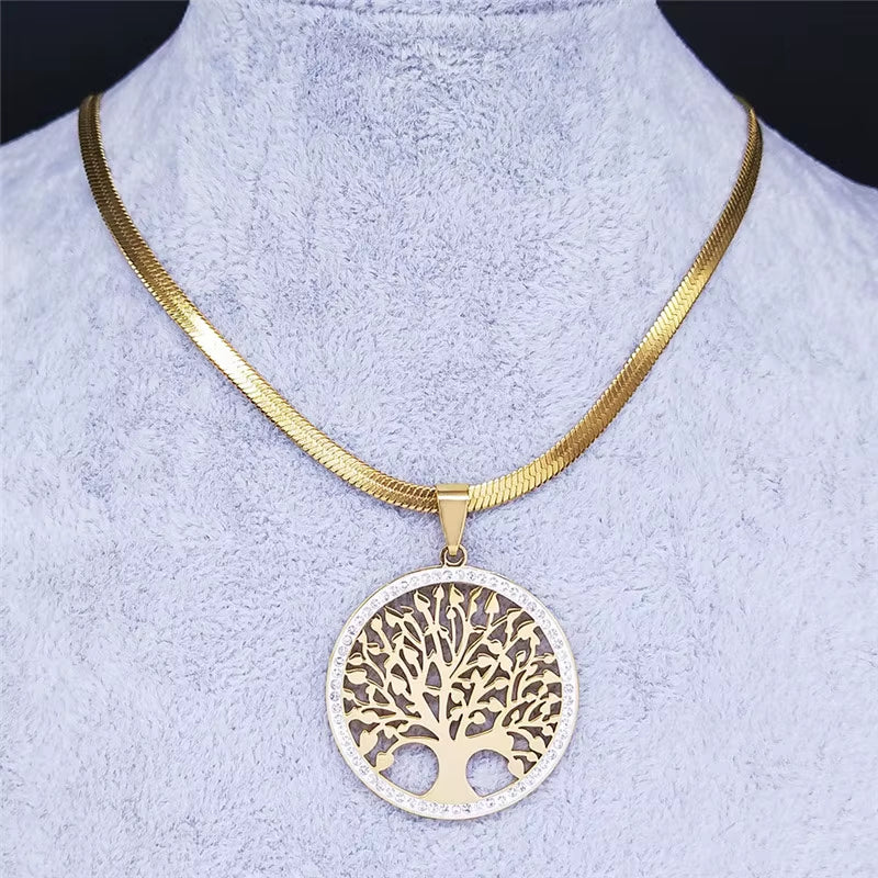 Tree of Life Crystal Stainless Steel Choker Necklace for Women Gold Color Chain Necklaces Pendants Jewelry Arbre De Vie N16S02