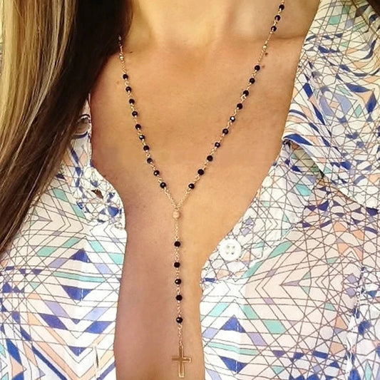 Long Tassel Cross Pendant Necklaces for Women Jewelry Sweater Rosary Black Beads Necklace Chain Bijoux Femme Kolye Collares