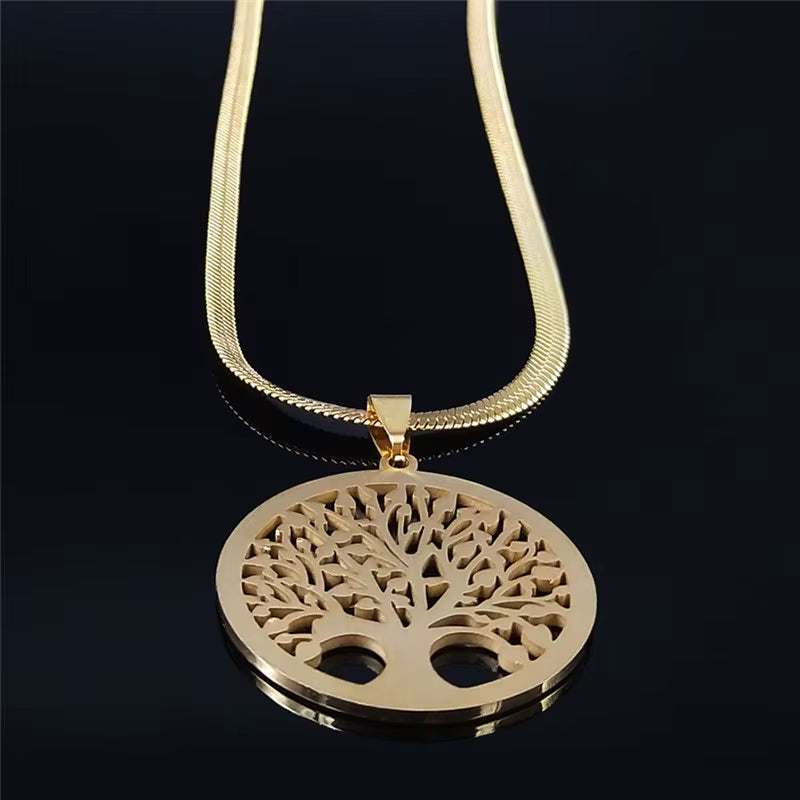 Tree of Life Crystal Stainless Steel Choker Necklace for Women Gold Color Chain Necklaces Pendants Jewelry Arbre De Vie N16S02