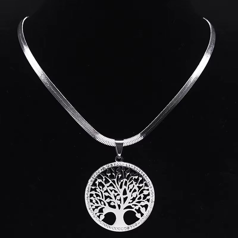 Tree of Life Crystal Stainless Steel Choker Necklace for Women Gold Color Chain Necklaces Pendants Jewelry Arbre De Vie N16S02
