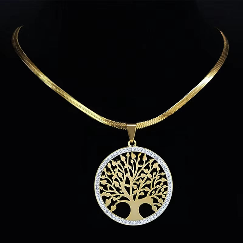 Tree of Life Crystal Stainless Steel Choker Necklace for Women Gold Color Chain Necklaces Pendants Jewelry Arbre De Vie N16S02