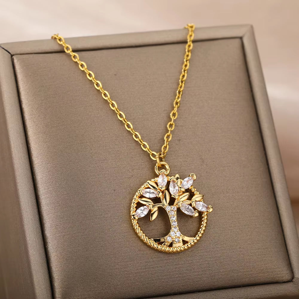 Stainless Steel Necklace for Women Tree of Life round Pendant Necklace Crystal Rhinestone Collar Jewelry Gift Bijoux Femme