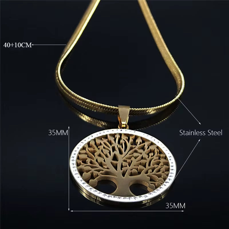 Tree of Life Crystal Stainless Steel Choker Necklace for Women Gold Color Chain Necklaces Pendants Jewelry Arbre De Vie N16S02