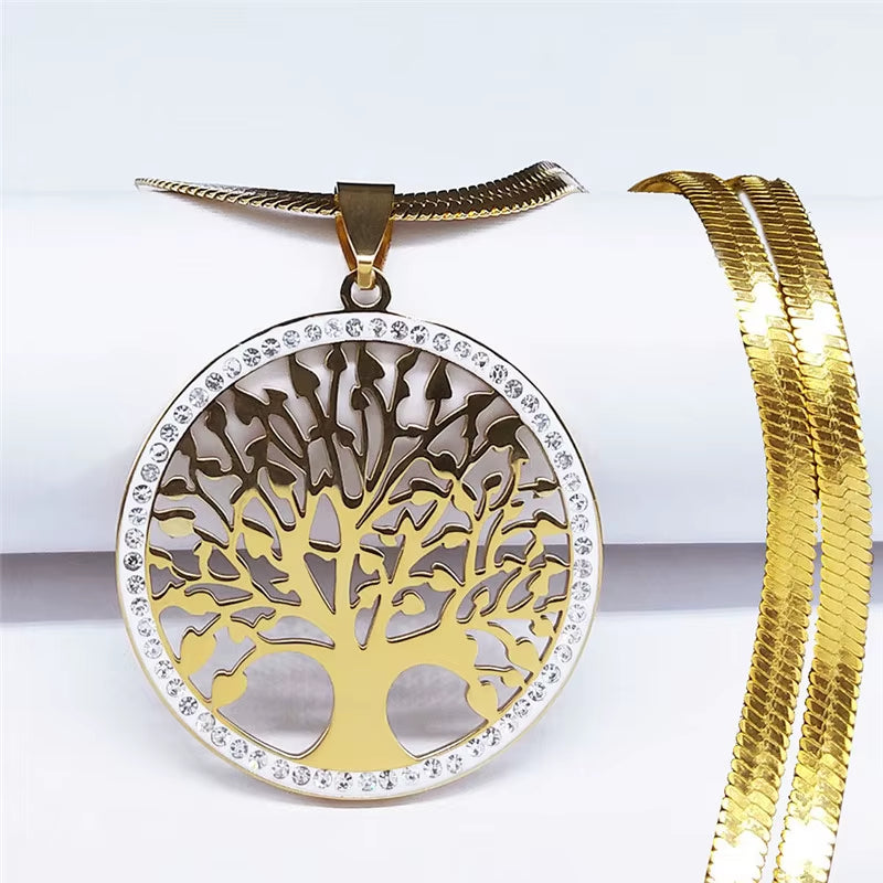Tree of Life Crystal Stainless Steel Choker Necklace for Women Gold Color Chain Necklaces Pendants Jewelry Arbre De Vie N16S02