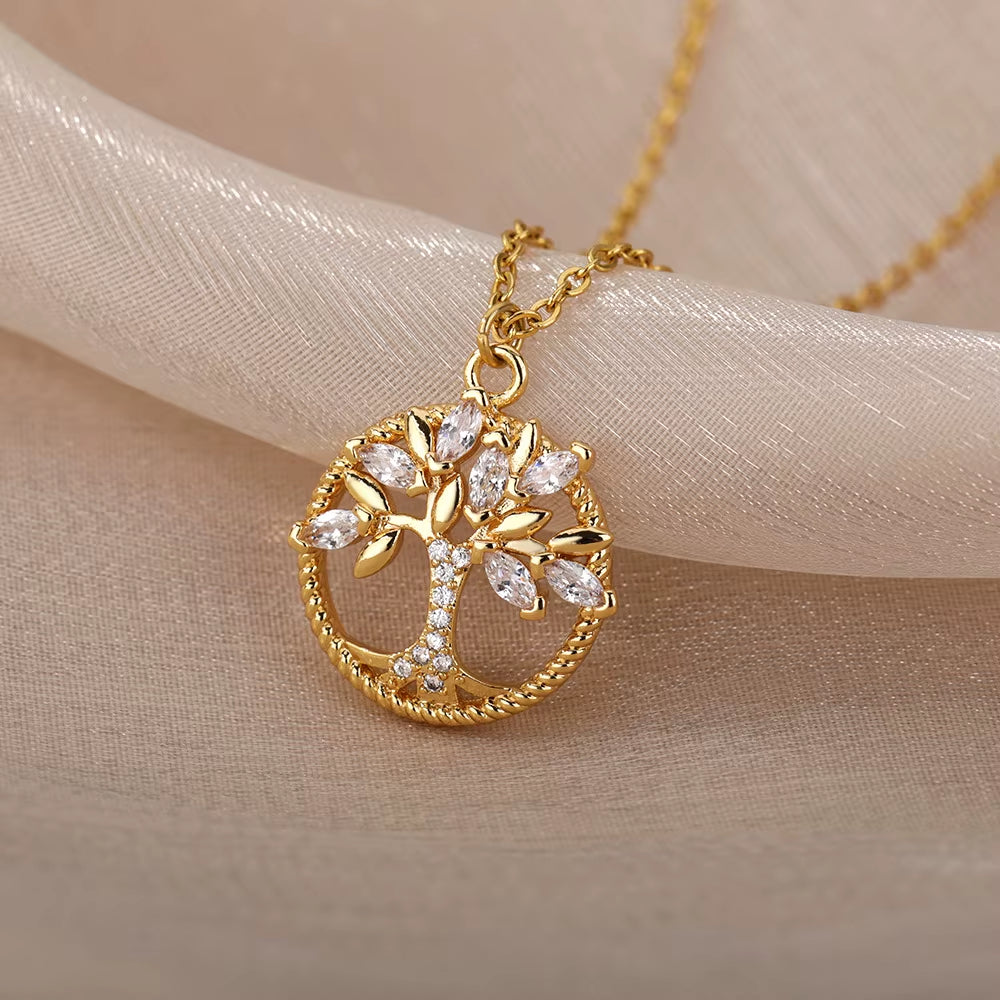 Stainless Steel Necklace for Women Tree of Life round Pendant Necklace Crystal Rhinestone Collar Jewelry Gift Bijoux Femme