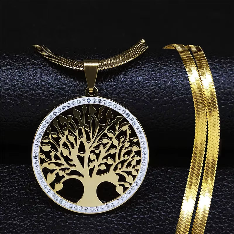 Tree of Life Crystal Stainless Steel Choker Necklace for Women Gold Color Chain Necklaces Pendants Jewelry Arbre De Vie N16S02