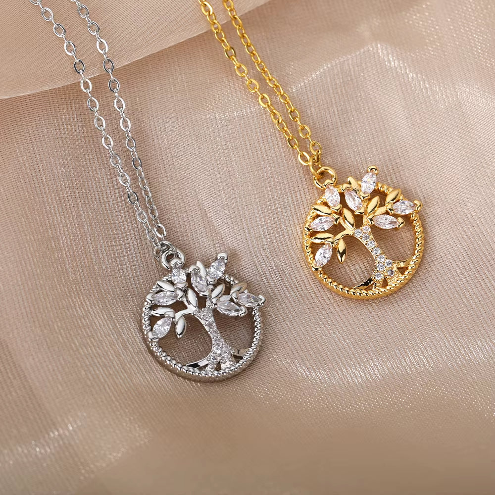 Stainless Steel Necklace for Women Tree of Life round Pendant Necklace Crystal Rhinestone Collar Jewelry Gift Bijoux Femme