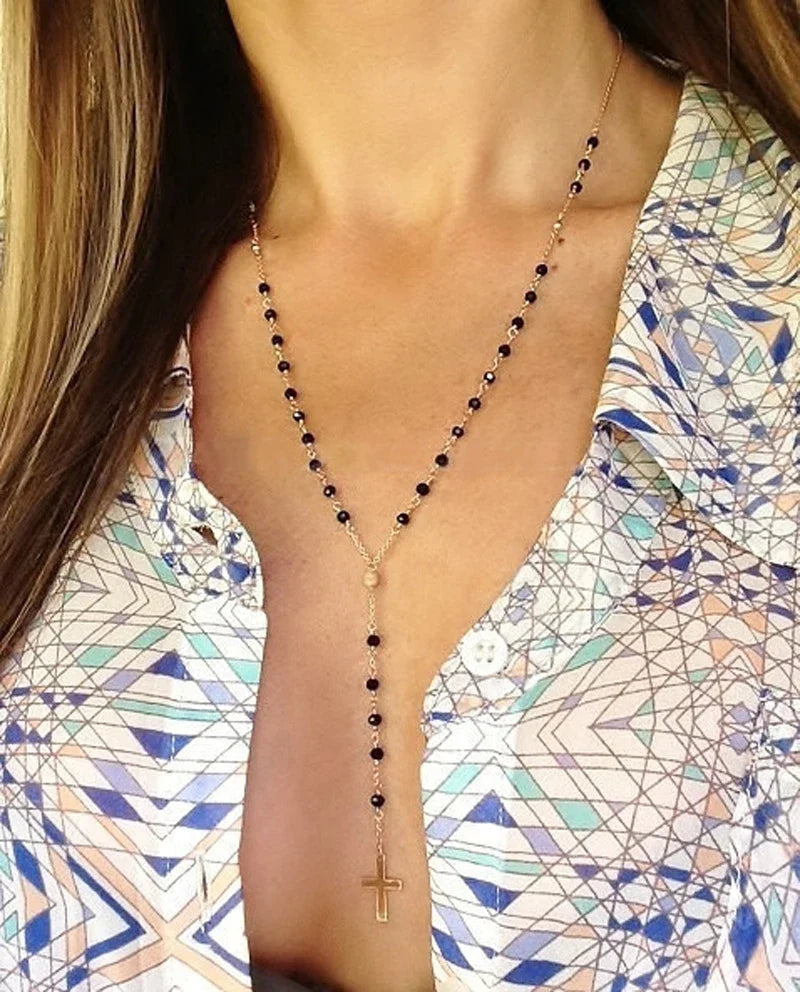 Long Tassel Cross Pendant Necklaces for Women Jewelry Sweater Rosary Black Beads Necklace Chain Bijoux Femme Kolye Collares